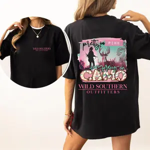 Pretty In Camo Southern T-Shirt, Pink Camo Hunting T-shirt, Simply Printed Graphic Shirt, Daily Casual Cotton Womenswear