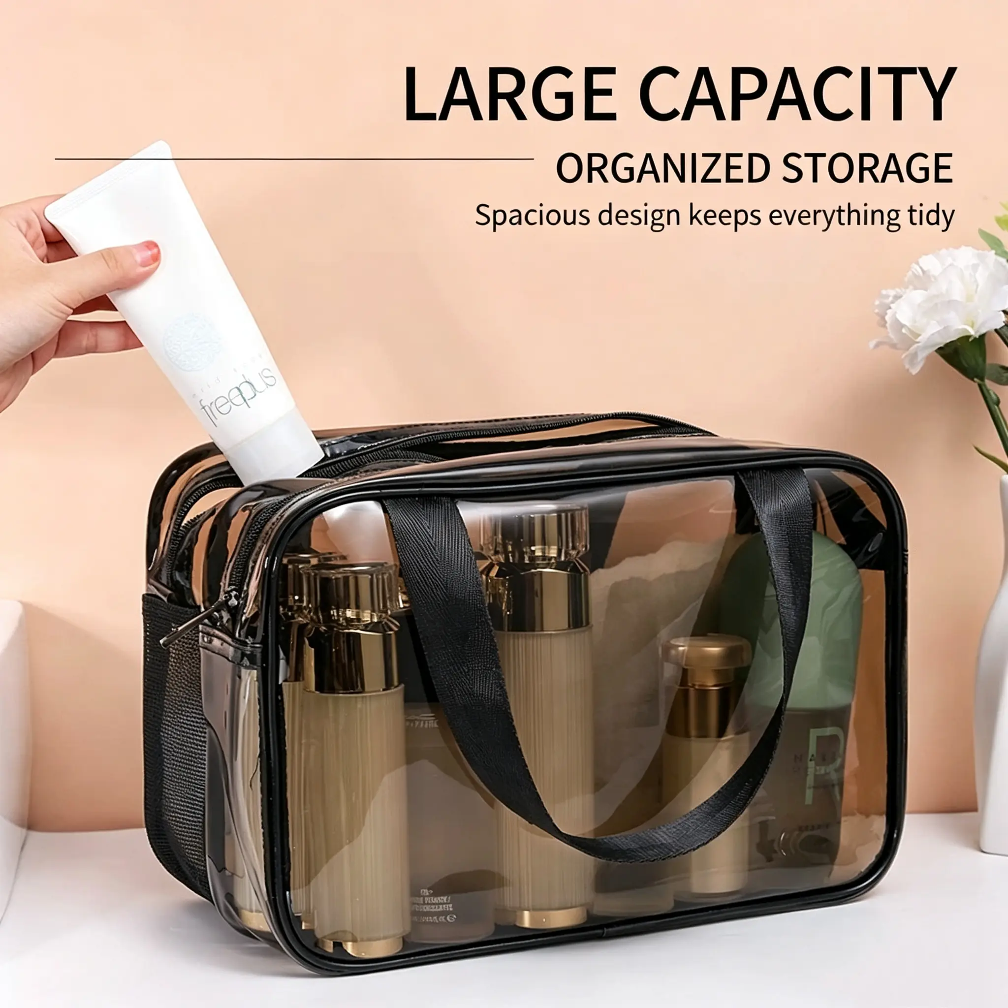 2-in-1 Multi-Functional Toiletry Bag for Women – Large Capacity Travel Organizer with 4 Compartments Outdoorfun Makeup Pouch, Portable Vintage Makeup Bag, Waterproof Transparent Makeup Organizer with Handle & Zipper, Carry-On Beauty Organizer for Vacation
