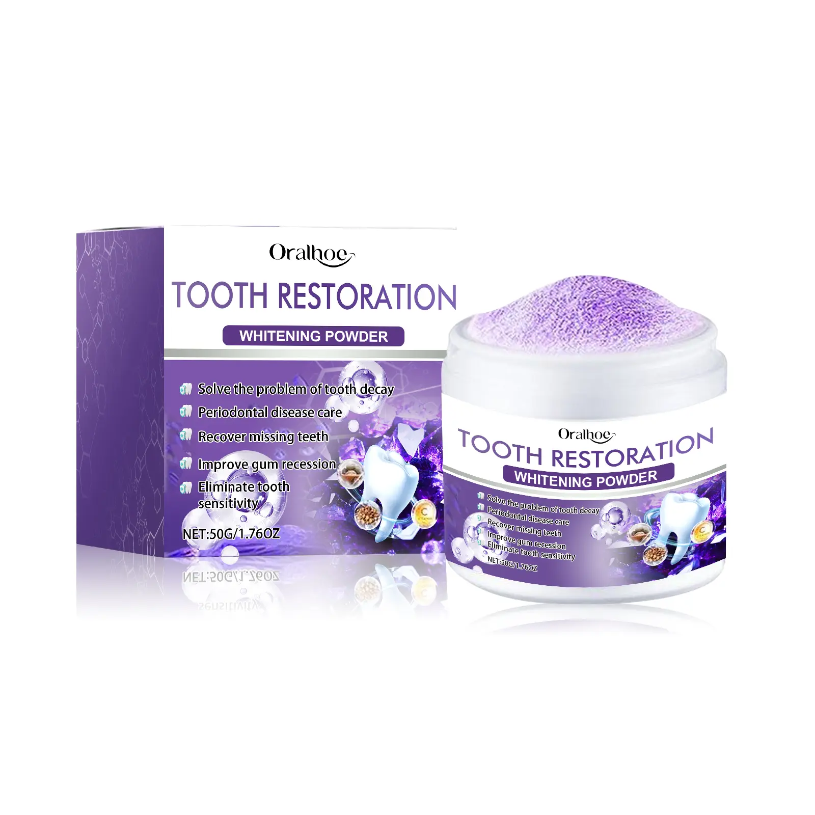 Oralhoe Purple Denture Cleanser Tooth Powder - Fresh, Gentle Ingredient Formula for Stain Removal & Oral Care