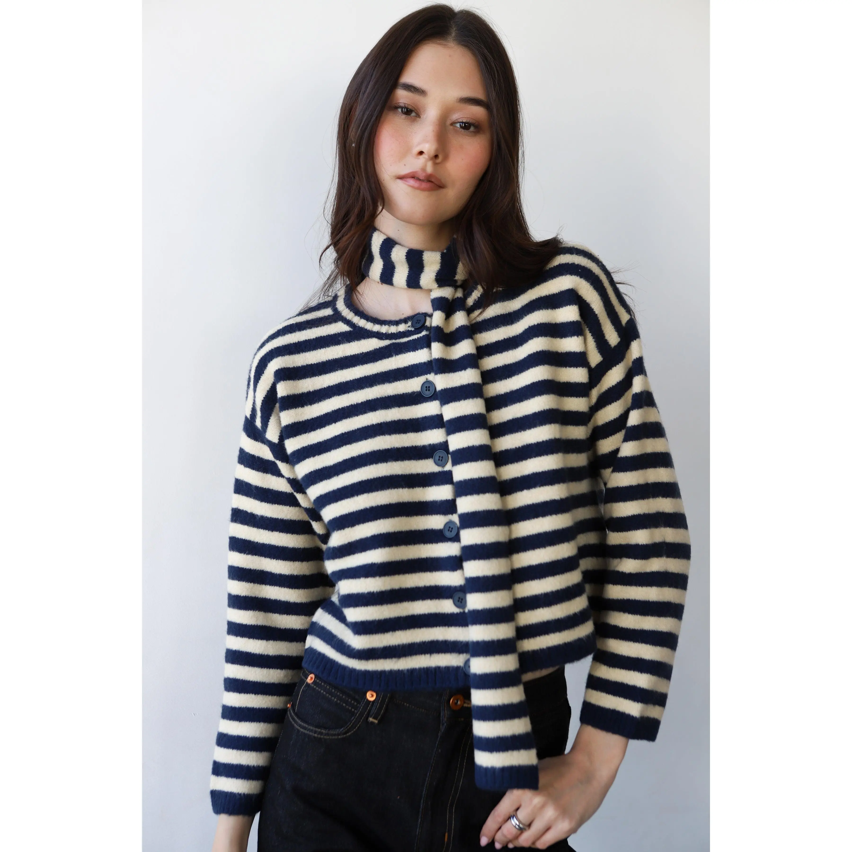 Jane Cardigan & Scarf - Navy & Creme Stripe