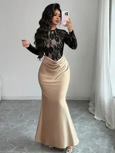 🖤 Elegant Black Lace Fishtail Dress With Contrast Patchwork, Chic Evening Party Look.