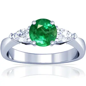 Emerald Round and Diamond Three Stone Ring - (14k White Gold)- R60522REEM