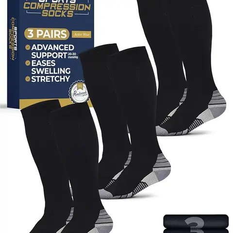 Pembrook 20-30 mmHg Medical Compression Sport Socks for Adult Men, 3 Pairs - Nylon Athletic Socks with Comfortable Support, Fade Resistant, Ideal for Gym, Run, Hike, Hiking