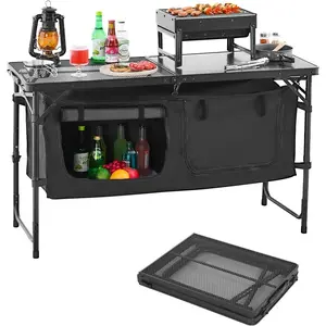 Camping Kitchen Table, Folding Outdoor Cooking Table, 3 Adjustable Heights, Aluminum Lightweight Portable Cook Station with Storage Organizer, Carry Handle, for BBQ Party Picnic RV Travel, Black