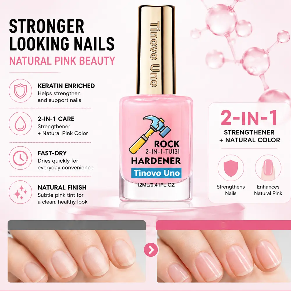 Tinovo Uno 2-in-1 Nail Strengthener, Hardener + Natural Pink Color, No UV Light, Quick-Dry, Natural Sheer Gloss, Clean Healthy Nails, Easy Daily Care, Great for Commute & Date Nights, Nail Polish, Manicure