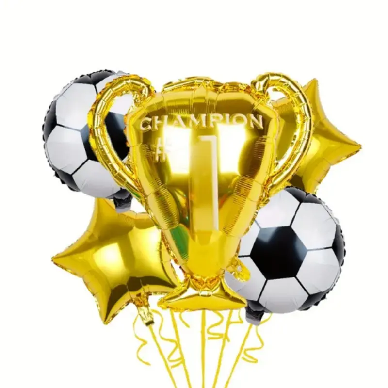 5pcs Round Football Champion Trophy Star Foil Balloons - Sport Theme Decor for Parties, Birthdays, Classrooms