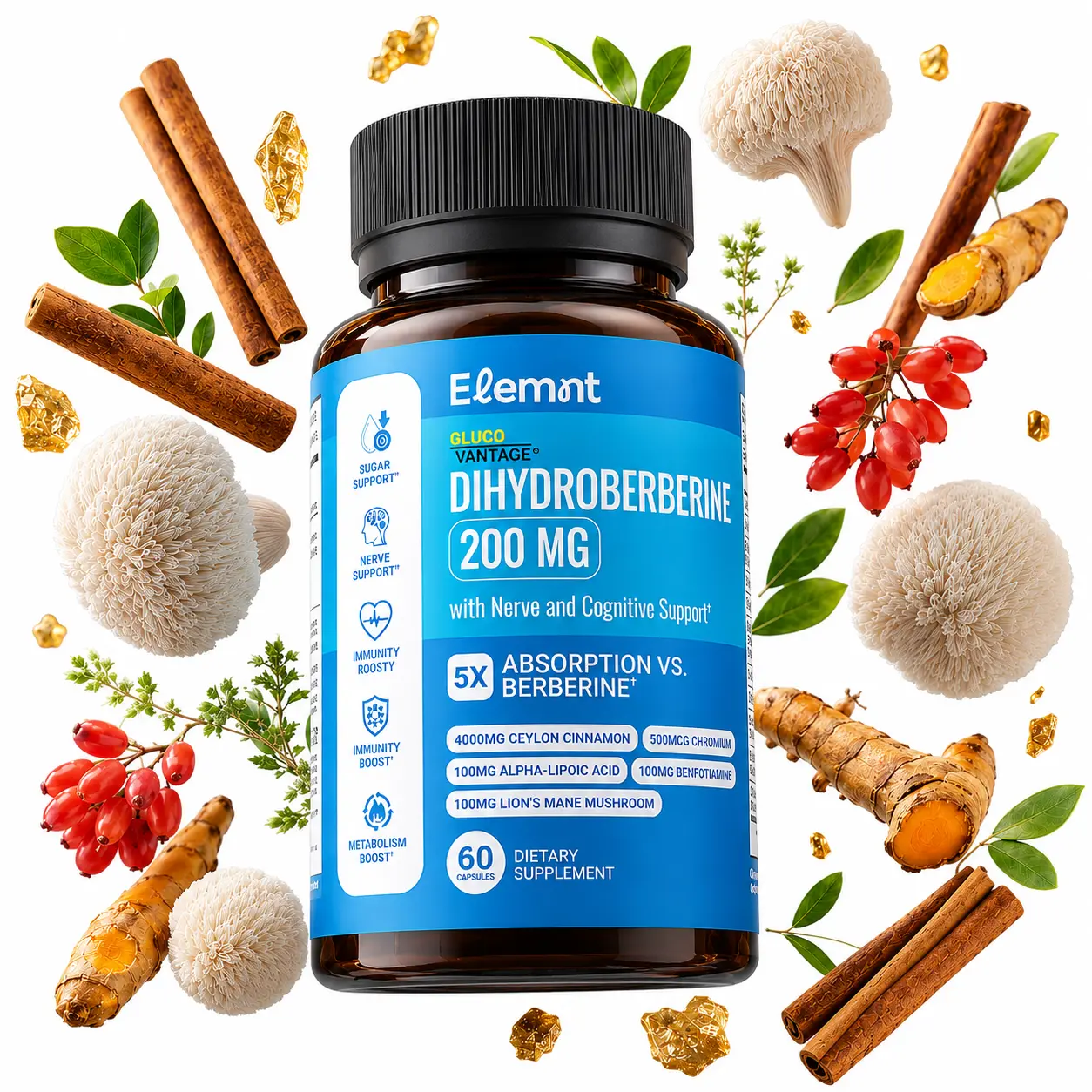 Elemnt Dihydroberberine Super Berberine 200mg – Dietary Supplement for Men, Energy & Vitality Support, GlucoVantage with Lion’s Mane, Ceylon Cinnamon, Chromium & ALA