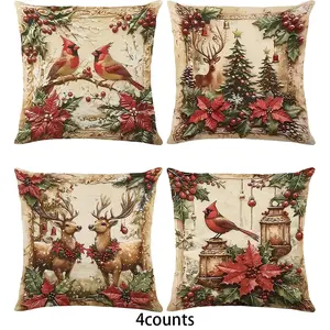 Set of 4 Vintage Cushion Covers, Christmas Reindeer Pillowcases for Sofa Decor, Country Cottage Style Holiday Decoration