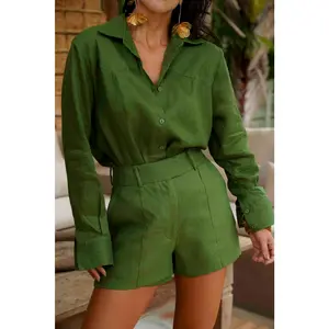 High-Waist Linen Shorts – Palm Green & Earth Brown | Brazilian Resortwear