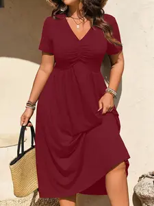 Elegant A-Line Dress for Plus Size Women, Ruched Chest and Waist, Stretch V-Neck Short Sleeve Midi Summer Dress, Breathable and Chic