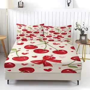 Sweet Charming Cherry  Bowknot Cartoon 3pcs Fitted Sheet Set,Features Beige Background With Vibrant Red Cherries Bowknots Bedding Set,Fresh, Gentle,Comfortable,Exquisite Patterns Vibrant Colors ,Exquisite Patterns,Including 2 Pillowcases,No Pillow Core.