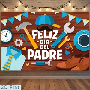 1 PC 2D Flat Banner Backdrop Feliz Dia Del Padre Father's Day Retro Wood Grain with Tools Tie Coffee Cup for Party Decor