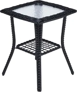 summervibes Outdoor Wicker Side Table with Glass Top,Patio Rattan End Table with Lower Shelf for Indoor Garden,Black