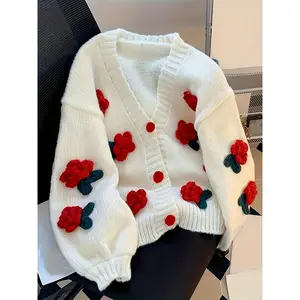 SERACAL 3D Rose Embellished Cardigan | Romantic V-Neck Floral Knit Sweater | Women's Spring & Fall Layering Staple