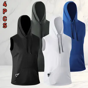 Menswear Men’s 4-Pack Quick-Dry Sleeveless Hoodies - Minimalist Fitness Style, Solid Colors, Drawstring Hood, Large Pockets, Breathable, Sweat-Preventing, Suitable for Running, Workouts, Activewear fathersdaygift