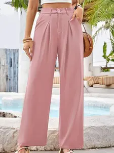 Women's Wide Leg Suit Pants, High Waist Pleated Slimming, Single Button Loose Straight Casual Long Trousers, All Season Fashion