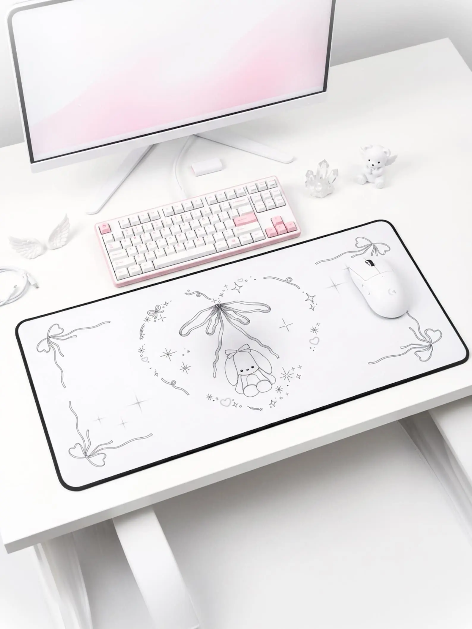 White Desk Mat Cute  Coquette Mousepad  Large Desk Mat For Gaming Setup  Kawaii Bunny Desk Mat  Angelcore Desk Mat for Cozy Gamers