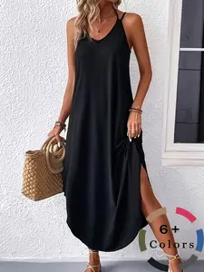 Women's Plain Basic Loose-Fitting Spaghetti Strap Sleeveless Long Dress, Summer Casual Style, Minimalist, Perfect for Daily Commute & Fitness, Above-The-Ankle Design, Casual Wear, Womenswear