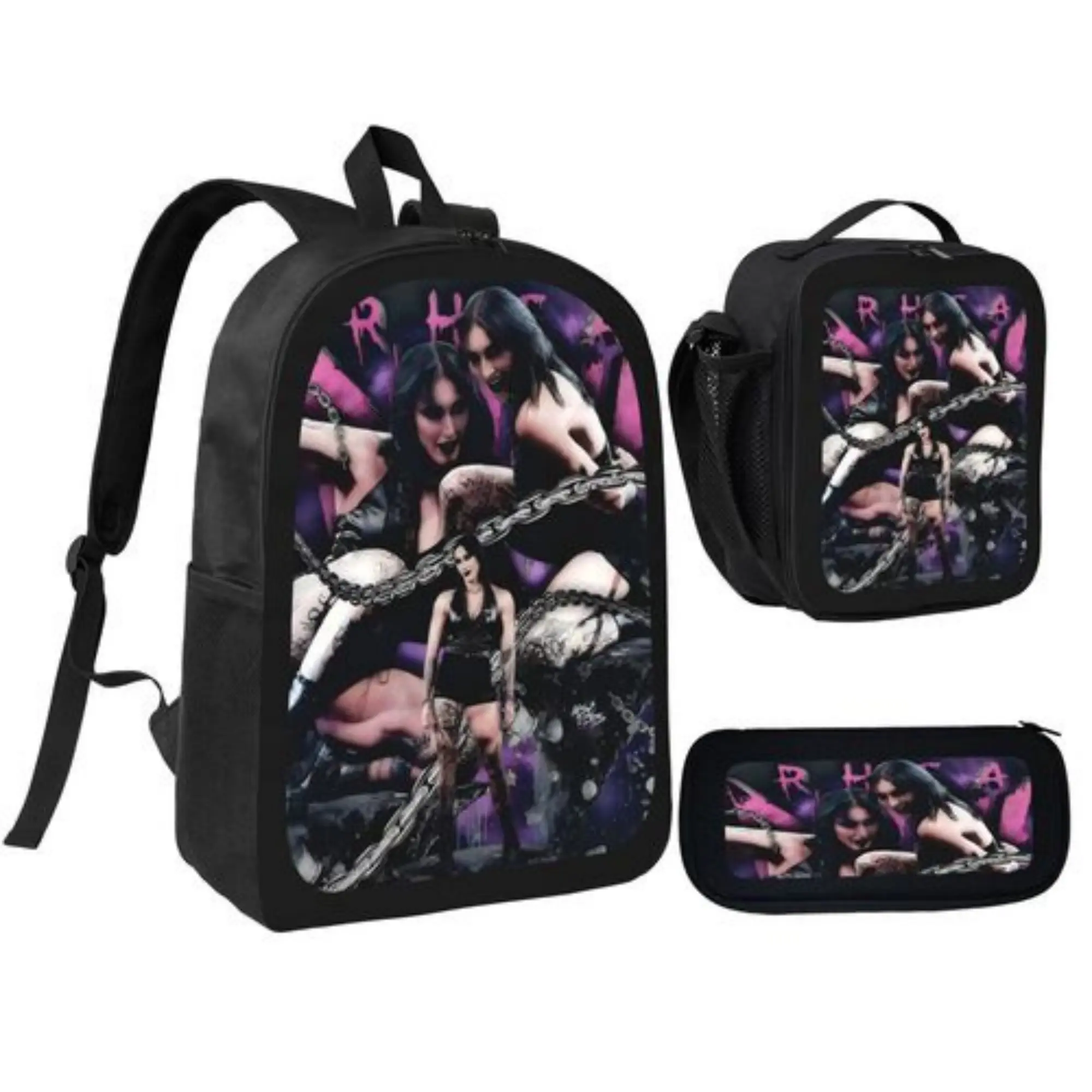 Rhea Ripley Wrestling Backpack Set 3PCS School Bookbag Lunch Tote and Pencil Pouch for Boys Girls Student Daypack