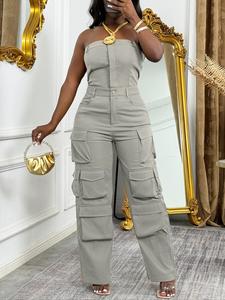 women's solid flap pocket overalls jumpsuit, casual street fashion strapless sleeveless jumpsuit for daily wear, ladies clothes for all seasons
