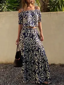 2-piece women's blue and white Moroccan geometric off-shoulder top and long skirt set, Bohemian, Boho, perfect for casual occasions like island vacations, strolling through small towns, outdoor afternoon tea