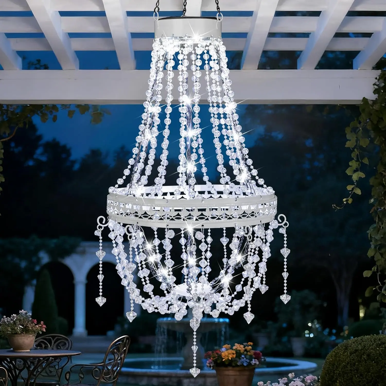 Solar Crystal Chandelier Outdoor, Hanging Waterproof Pendant Light with Sparkling Acrylic Beads, Warm White LED Lantern for Gazebo, Patio, Garden, Wedding & Party Decor