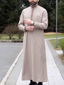 Men's Embroidered Mock Neck Robe, Loose Casual Long Sleeve Robe, Traditional Muslim Clothing for Daily Wear