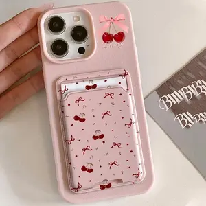 Card Slot Pocket Phone Case For iPhone 17 16 15 14 13 12 11 Pro Max Plus X XS Shockproof Red Cherry Pattern Soft Silicone Cover