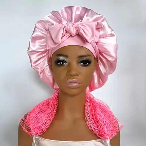Satin Bonnet+African Exfoliating Net Sponge, Sleep Cap Hair Care Bonnet for Curly Hair