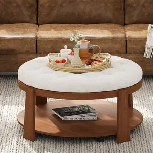 Modern Large Round Ottoman Coffee Table 2-Tier Oversized Button Tufted Ottoman with Wood Shelf Storage Upholstered Coffee Table for Living Room Footrest Ottoman with wheel, waterproof Linen