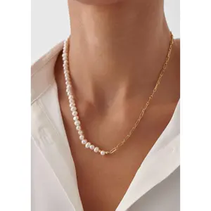 Handmade Freshwater Pearl Beaded Chain Necklace, 18K Gold-Plated Sterling Silver