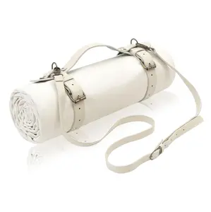 NOONOOJOOJOO 4'9”x 6'3” White Picnic Blanket - 100% Cotton Canvas, Wedding Bride Groom Gift, Lightweight Outdoor Camping Mat with Vegan Leather Shoulder/Hand Carry Strap