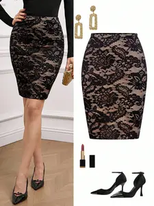 Women's New Elegant Lace High Waist Knee-Length Inner Lined Elastic Waist Tight Fit Skirt, Stylish and Comfortable Fashion Piece High Waist Skirts