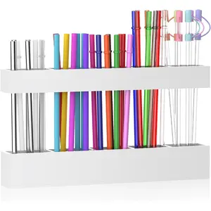 9.5” Large Acrylic Straw Holder for Cabinet Door, Reusable Adjustable Two-Part Straws Organizer with Ultra Sticky Adhesive Strips, 2026 Straw Storage for Kitchen Cupboard (White)