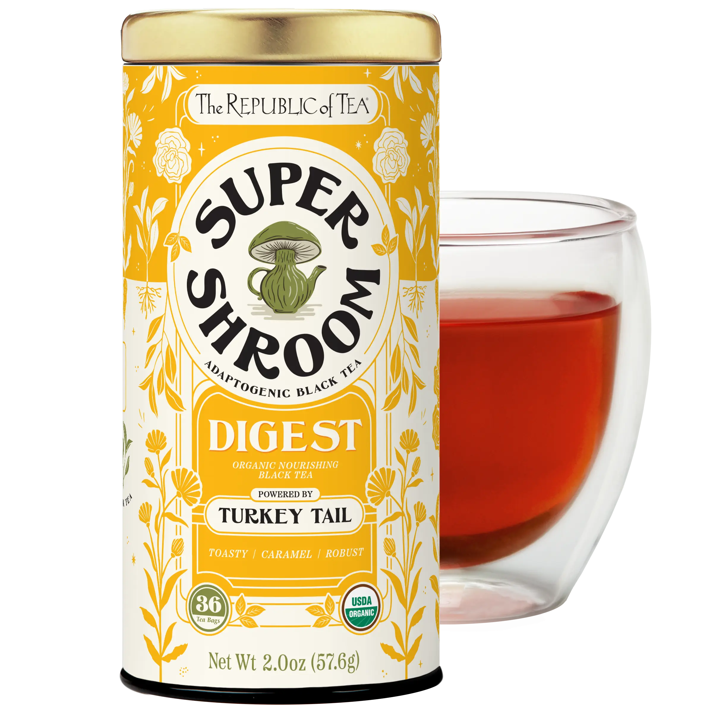 The Republic of Tea SuperShroom Digest Turkey Tail Black Tea, Organic Chicory and Caramel Notes, Naturally Caffeinated, Unbleached Tea Bags in Reusable Tin, 36 Count