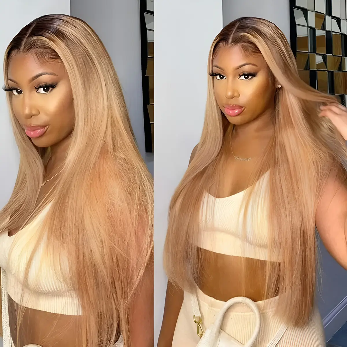 Mscoco T27 And T2/27 Color Ombre Honey Blonde Wig 6×5 Lace Straight Glueless Human Hair Wig with Brown Roots Lace Front Wigs Fit Wig