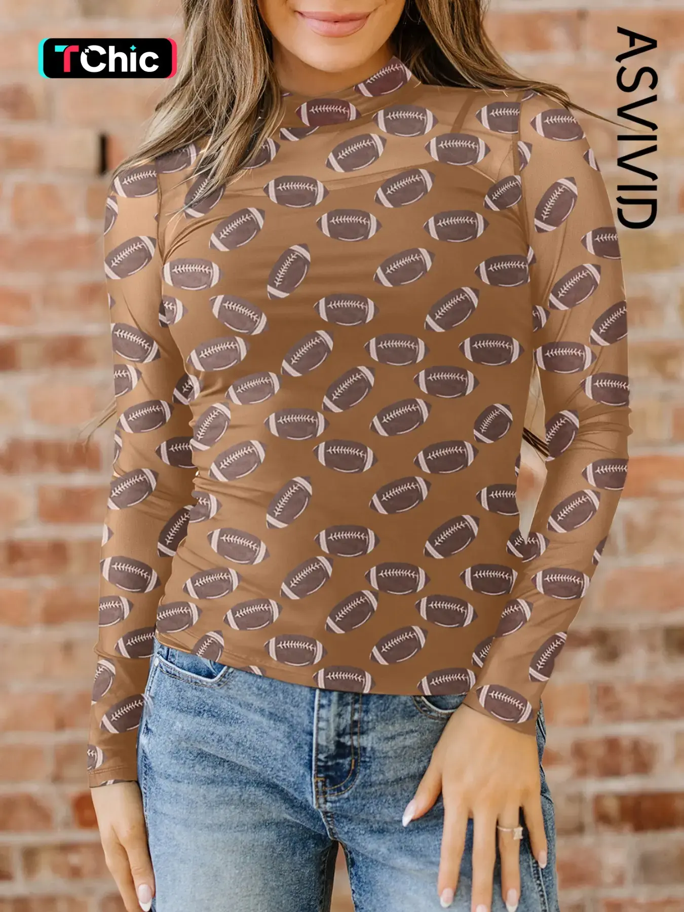 Women's Casual Game Day Rugby Mesh Sheer Long Sleeve Top, Casual Sports Tops, Casual Sportswear, Comfortable and Stylish, Perfect for Sports Events and Daily Wear