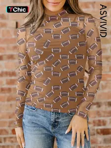 Women's Casual Game Day Rugby Mesh Sheer Long Sleeve Top, Comfortable and Stylish, Perfect for Sports Events and Daily Wear