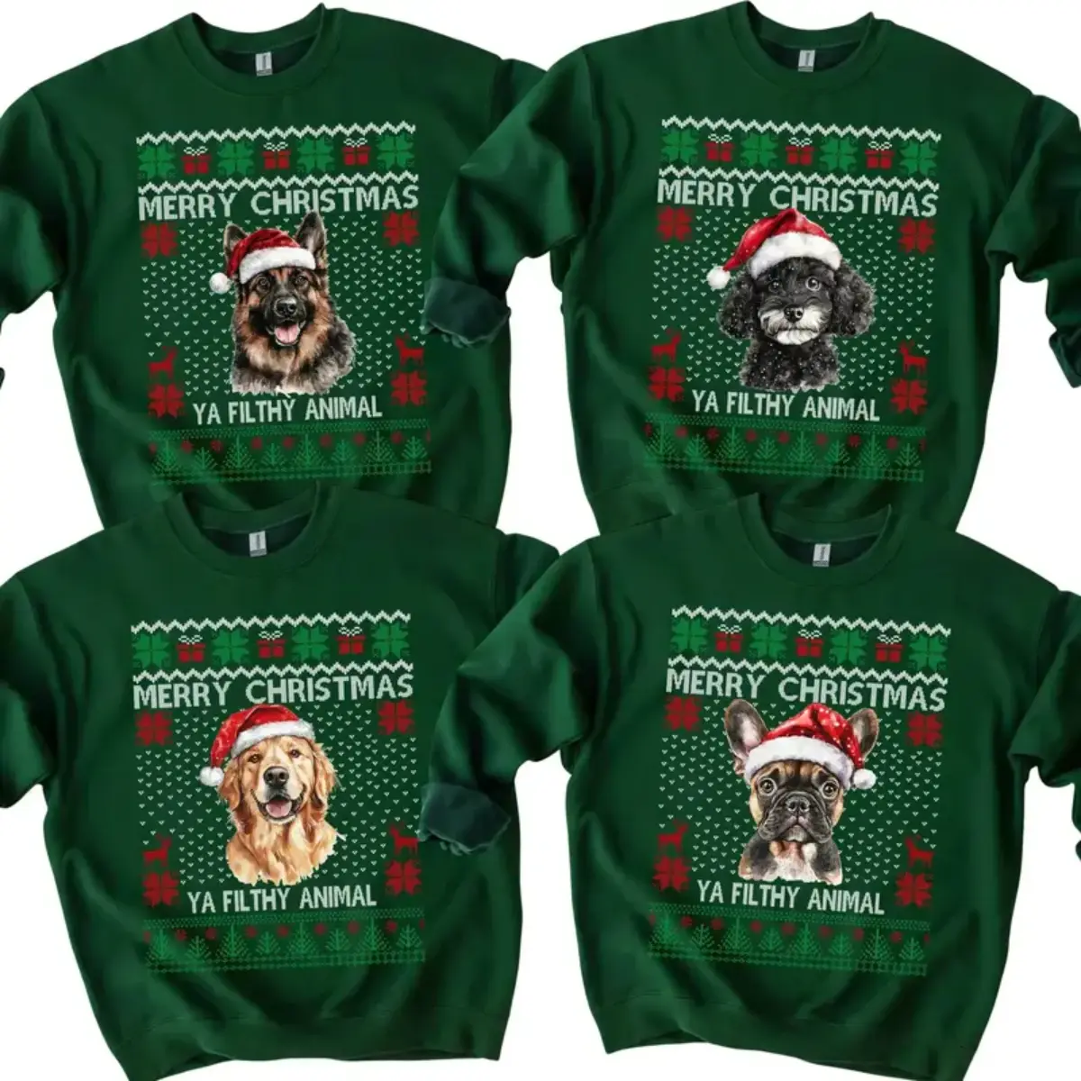 Custom 30+ Dog Breeds Christmas Sweatshirt - Pet Portrait Wearing Santa Hat With Merry Christmas And Funny Holiday Text , Ugly Christmas Sweater Style For Women And Men , Personalized Dog Mom Outfit , Xmas Gift For Dog Owners And Pet Lovers