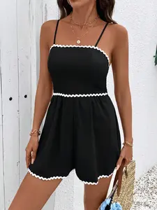 Women's Woven Romper, Adjustable Spaghetti Strap, Scallop Trim Detail, Smocked Back Waist, Short Leg Cut, Daily Casual Vacation Beach Wear, Breathable Lightweight Soft, Minimalist Sweet Casual Style