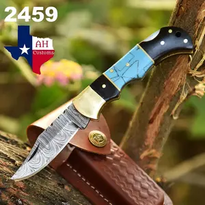 Handmade Damascus Steel Back Lock Folding Pocket Knife – 512 Layers EDC Knife with Bull Horn, Risen & Brass Bolster Handle