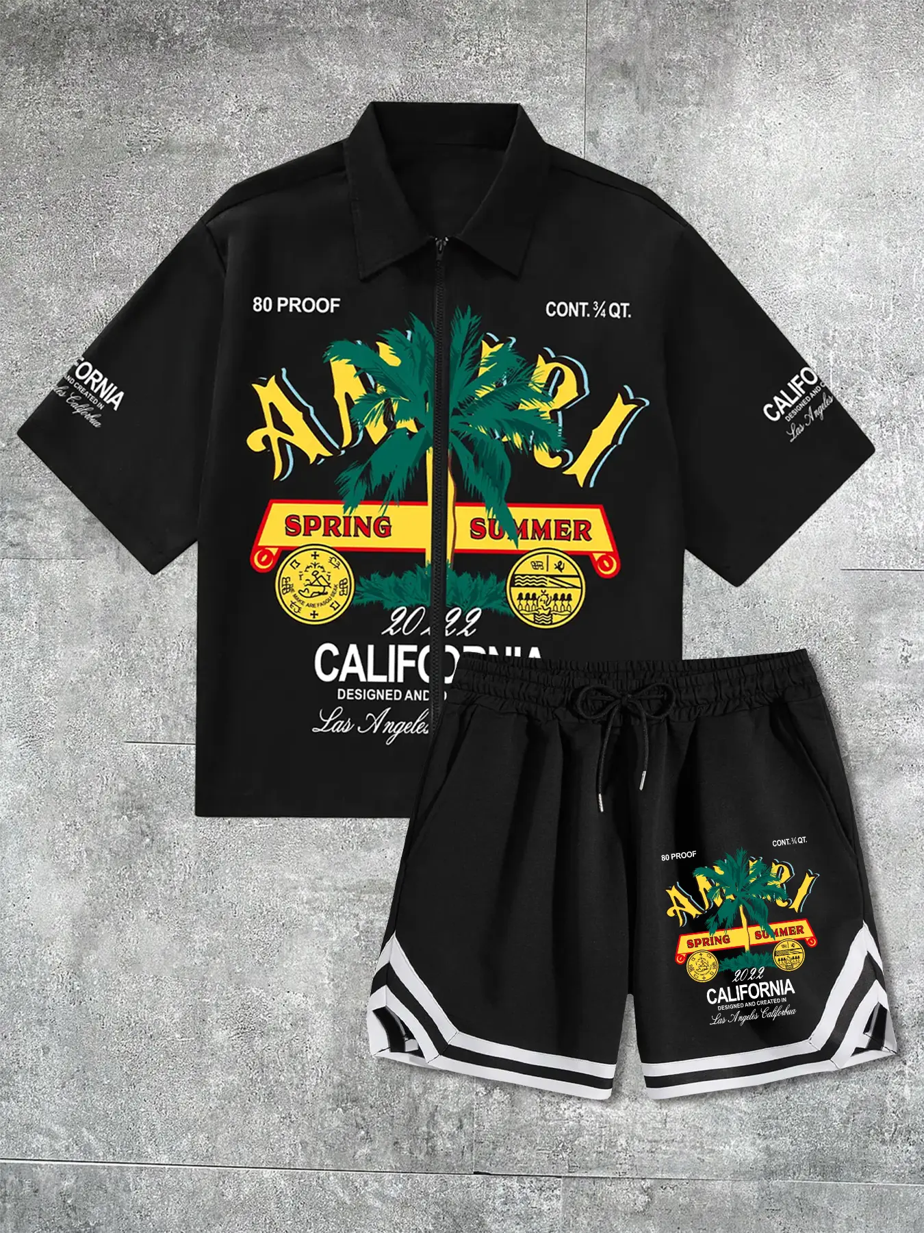 Men's Street Style Casual Tropical Coconut Tree Print Shirt + Woven Belt Shorts Set, Loose-Fit All-Season, Unisex Fashion Clothing