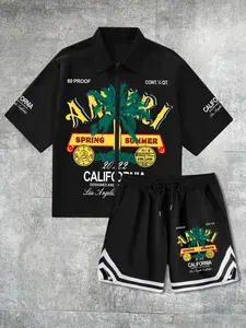 Men's Street Casual Style Tropical Coconut Tree Print Shirt + Woven Belt Shorts Set, Loose-Fit All-Season, Unisex Fashion Stylish Shortsleeve Clothing