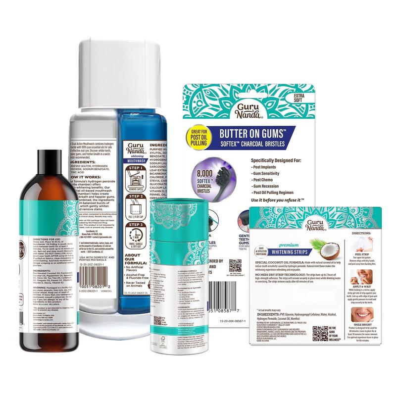 Charcoal Total Smile Makeover Kit, Perfect Smile Package - GuruNanda Oil Pulling, Mouthwash, Whitening Strips &  Toothbrushes