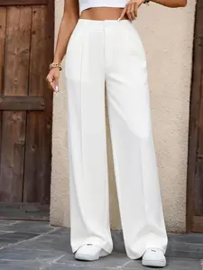 Plus Size Women's Solid Color Straight Leg Pants, Loose Button Commuter Elegant Straight Tube Pants, Casual Fitted Long Trousers Bottom, Casual Minimalist Trousers, Chic Comfy Pants