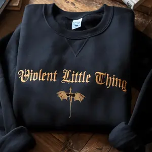Women's Bookish Dragon Embroidered Sweatshirt – 'Violent Little Thing' Crewneck Pullover, Fourth Wing Iron Flame Fan Gift, Basgiath Violet Inspired