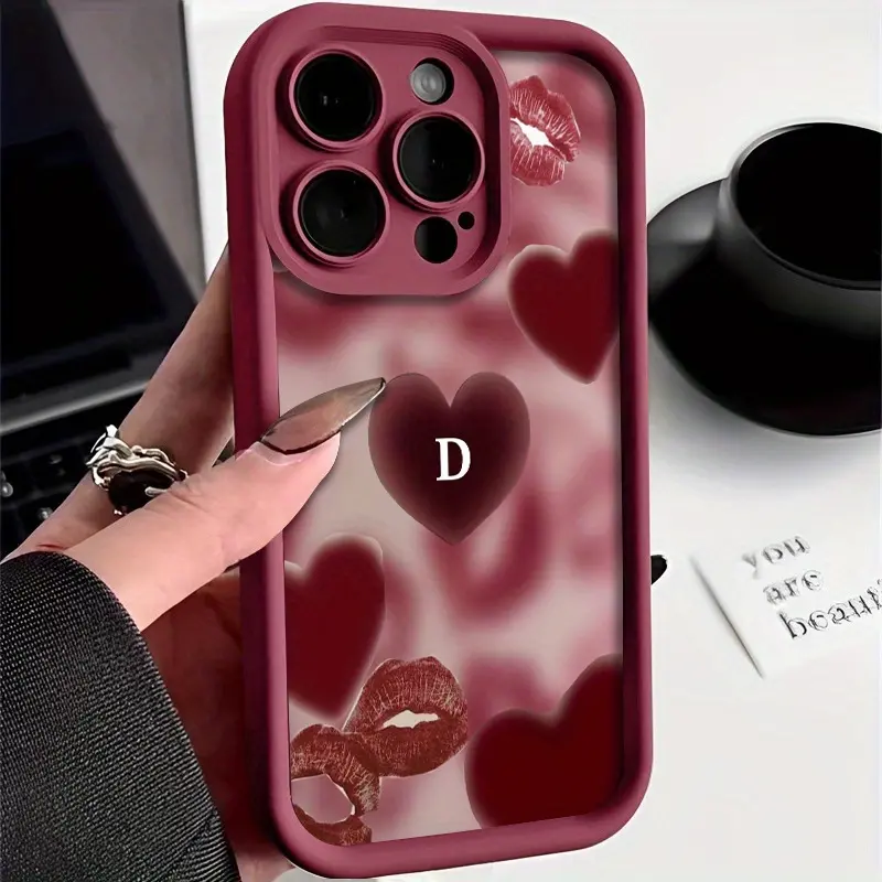 Patterned Red Heart Letter D TPU Silicone Protective Phone Case - Durable, Shockproof Edge, Waterproof Shell, 2D Printing, Lens Protection - Valentine's Day Gift Mobile Accessory for iPhone Pro Max Line,17,16,16e,15,14 Plus,13,12 Mini,11,Air,X,XS