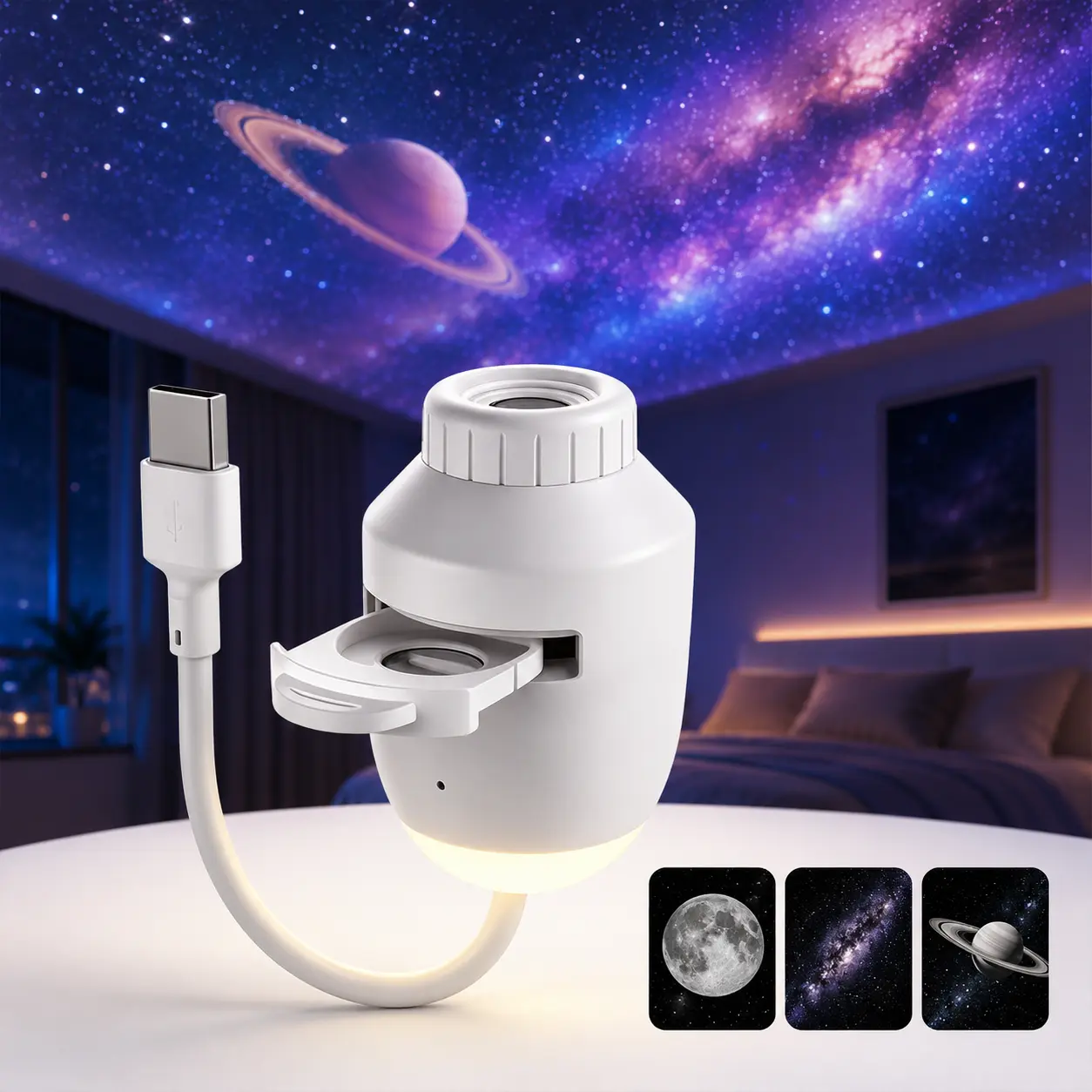 USB Galaxy Projector Night Light with 3 Glass Slides, 2-in-1 Starry Sky Projector & Warm Night Light, Flexible Cable, Adjustable Focus for Bedroom, Car Interior, Desk & Room Decor