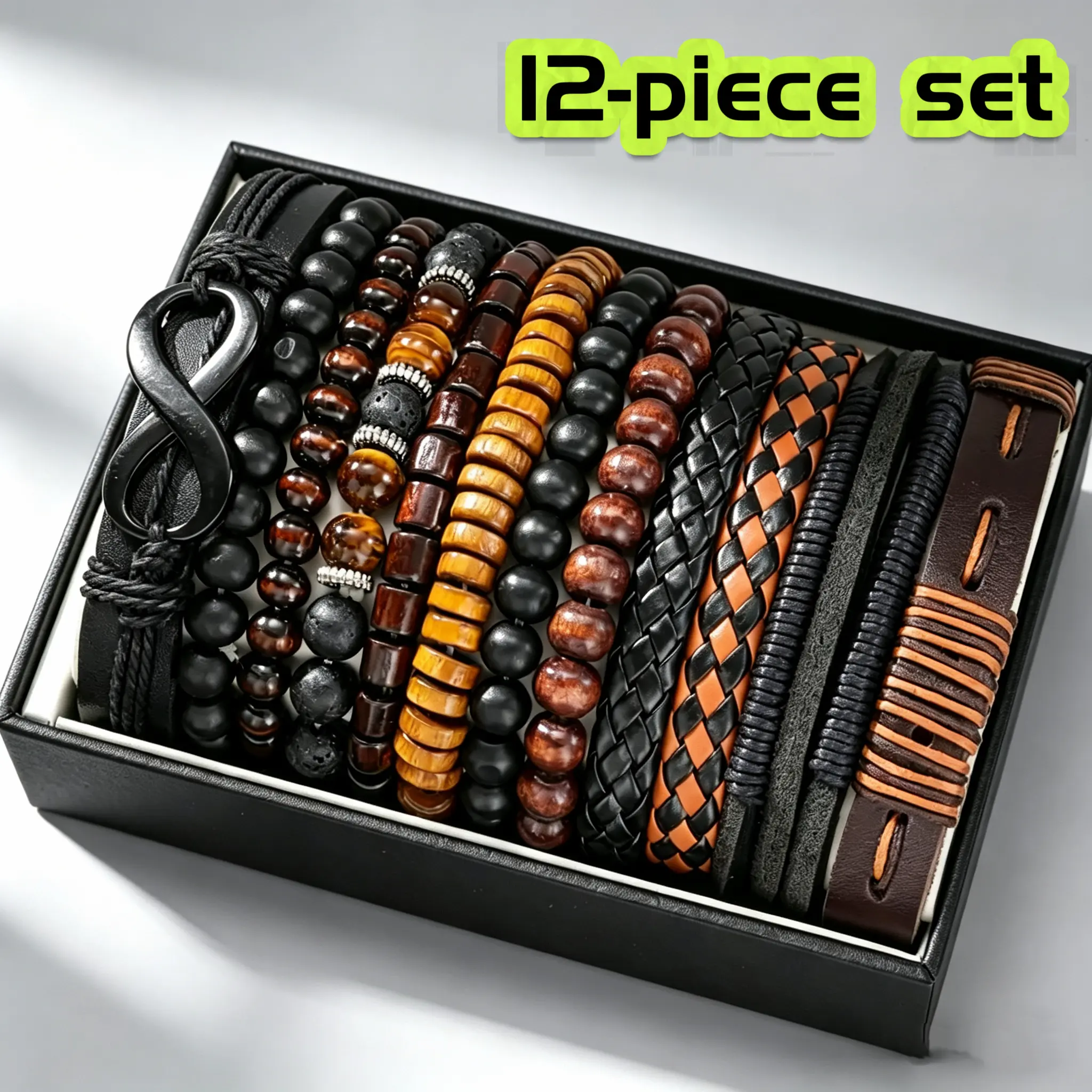 Men's 12-Piece Bracelet Set - Vintage Boho Stackable Bead, Braided Faux Leather & Adjustable Natural Stone Bangles, Casual Everyday Costume Jewelry Gift for Men, Teen Boys