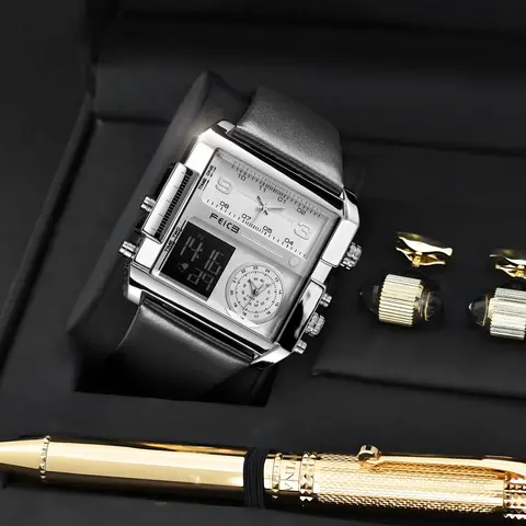 FEICE Men's Multifunctional Stainless Steel Quartz Watch - 50mm Large Square Dial, Chronograph, Luminous, 30M-50M Waterproof, Date Calendar, Calf Skin Clasp, Elegant Daily Wear Fashion Accessory